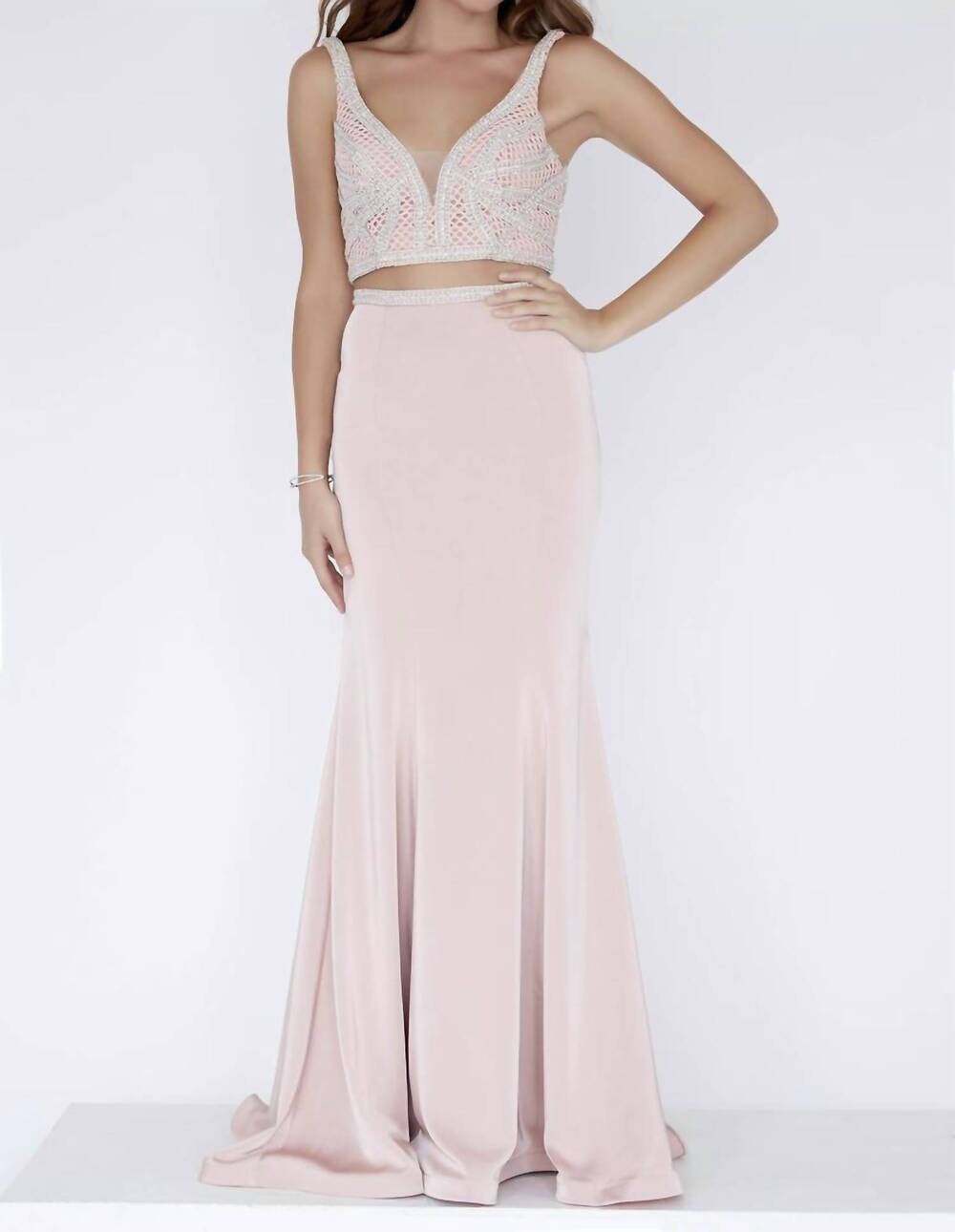 NEW JOSH & JAZZ silky crepe v neck prom dress in rose